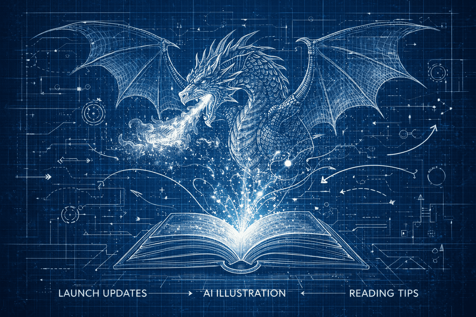 Dragon emerging from an open book — blueprint-style illustration for the dokkei blog