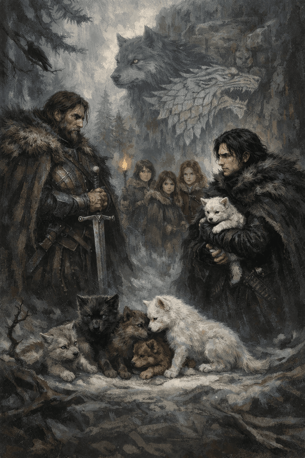 Scene: Jon Snow and the direwolf pups