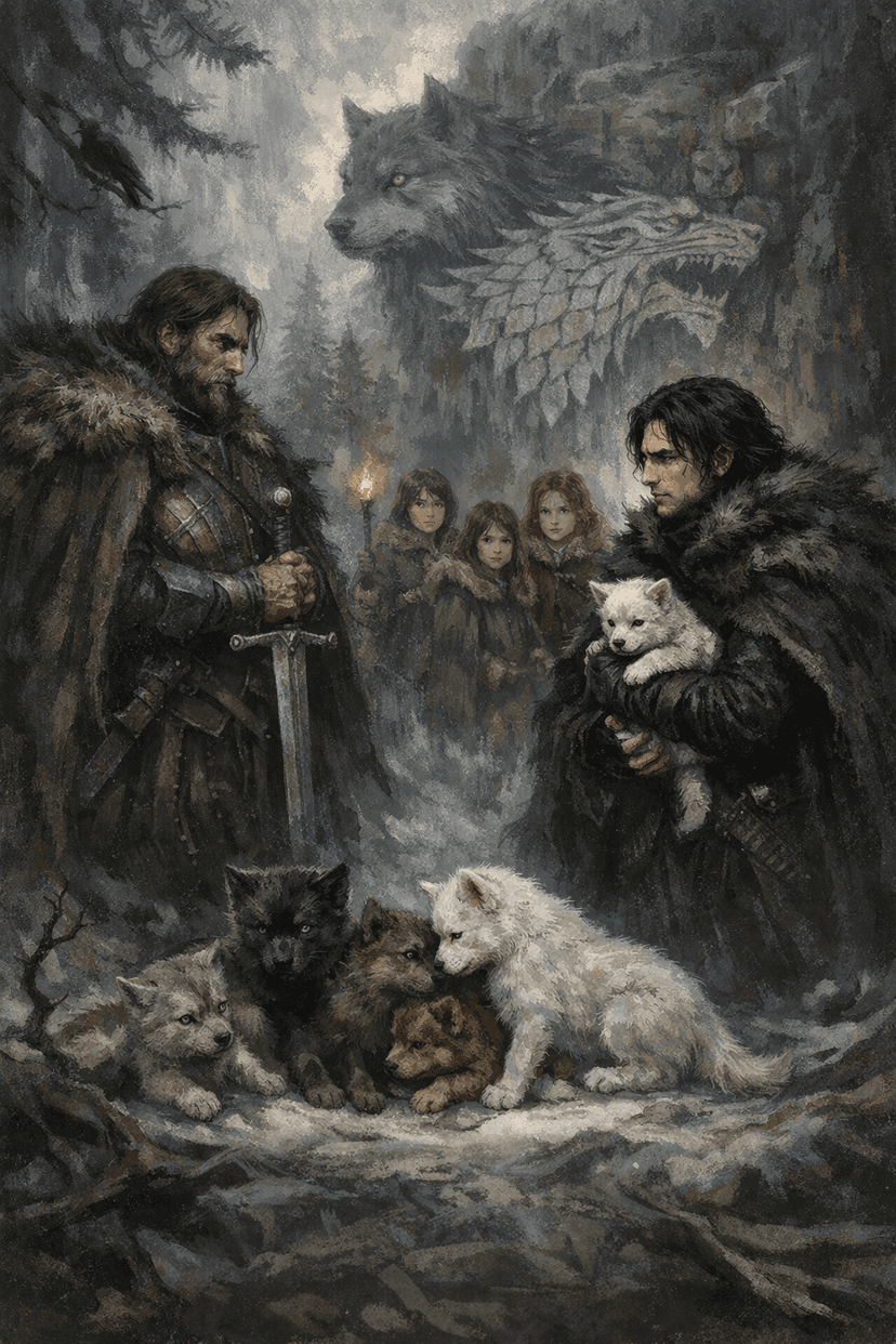 Scene: Jon Snow and the direwolf pups
