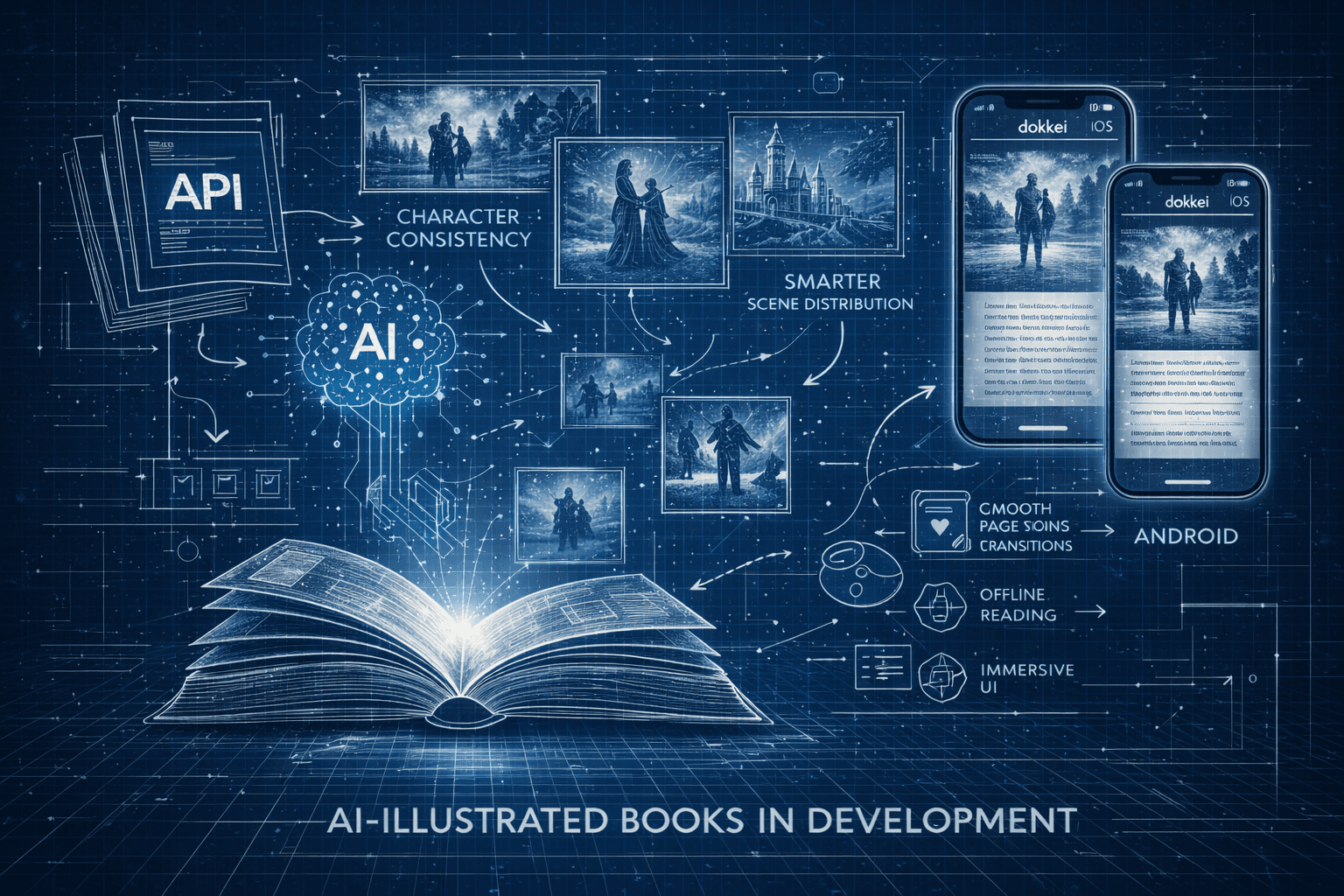 Infographic: AI-illustrated books in development — API, character consistency, smarter scene distribution, iOS and Android readers